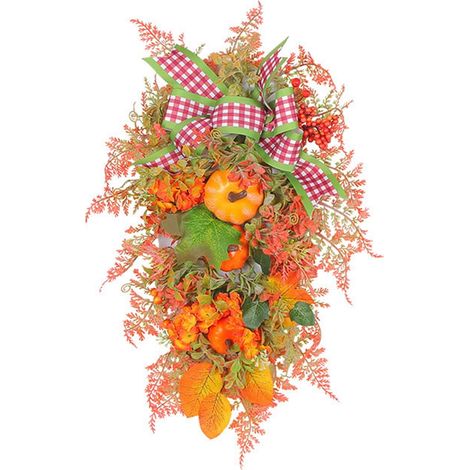 Couronne Décorative Automne - Couronne Porte Extérieure Résistante aux Intempéries - Motif Feuilles d'Érable et Pommes de Pin - Orange - 1 Pièce (1/5)