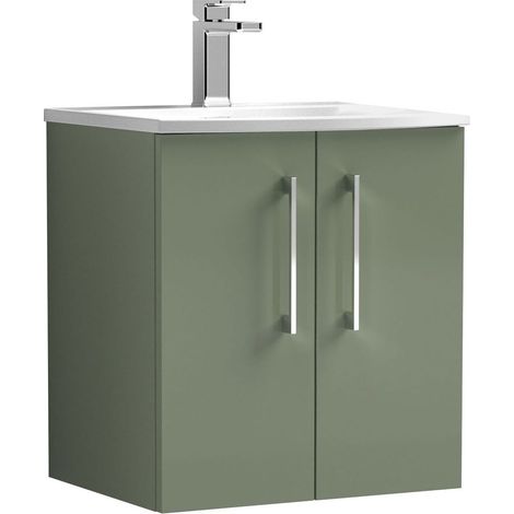 Balterley Level Modern Bathroom 2 Soft Close Door Wall Hung Vanity Unit & Curved Basin, Satin Green, 500mm