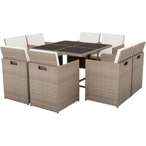 Table carrée et 8 chaises de jardin résine tressée beige Iris (1/4)