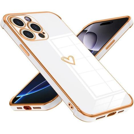 Coque iPhone 16 Pro Max cœur plaqué or, protection caméra, TPU souple blanc (1/5)