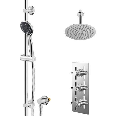 Cross Polished Chrome Concealed Triple Thermostatic Shower Valve and 200mm Thin Round Fixed Head with 150mm Ceiling Arm and Clyde Slide Rail Kit with Round Elbow - 2 Outlet (1/5)
