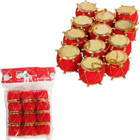 Set di 12 ornamenti natalizi, tamburi floccati, rossi (1/5)