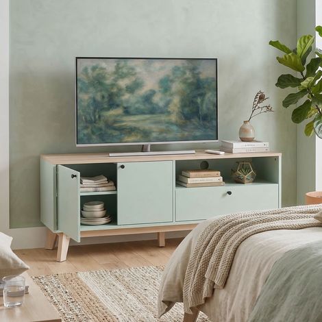 120 cm hoher TV-Ständer, TV-Möbel für Fernseher bis 36 Zoll mit 2 Türen, Schublade und offenem Fach, hellgrün