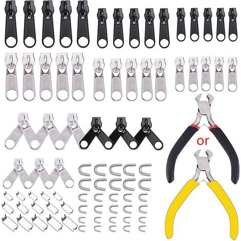 Kit de réparation de fermeture éclair pour vestes, comprenant une pince à glissière, une boucle de verrouillage métallique et un curseur (85 pièces). (1/5)