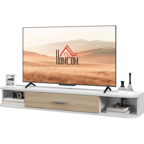 Wandmontierter TV-Ständer/Bank für Fernseher bis zu 50 Zoll mit offenen Fächern und einem weißen Schrank mit Klapptür.