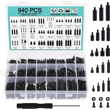 Kit visserie et entretoises nylon M2 M2.5 M3 M4 940 pièces noir (1/5)