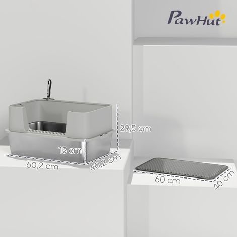 Bac à litière inox ouvert en métal robuste, couvercle amovible, tapis anti-débordement pour félins 7 kg max, 60,2 x 40,2 x 29,5 cm, teinte grise, set complet avec raclette (1/5)