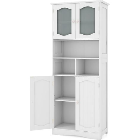 Mobile da bagno alto 148,5cm con porte in vetro satinato e ripiani, Mobile autonomo per cucina soggiorno ufficio Bianco (1/4)