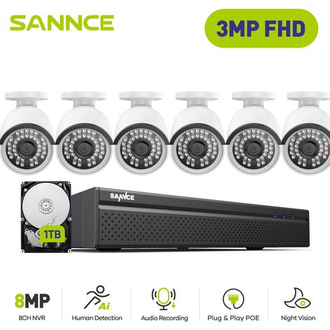 SANNCE PoE Kits de videovigilancia,8CH NVR con 3MP × 6 Cámara Seguridad Visión Nocturna Exterior Cámara de Vigilancia,1TB HDD (1/5)