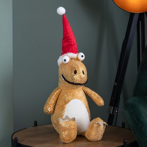 60cm Tall Gold Plush Zilla Dino Sitting Christmas Decoration with Santa Hat