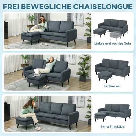 Canapé d'angle, sofa 3 places avec pouf, revêtement en tissu, ensemble canapé en L gris foncé (1/5)