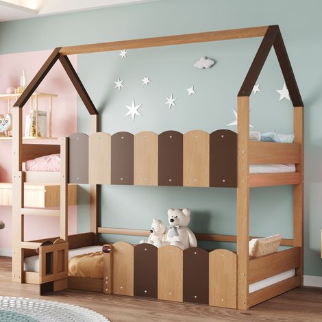 Letto a castello per bambini 90x200 cm legno naturale con design a casetta e protezioni alte (1/5)