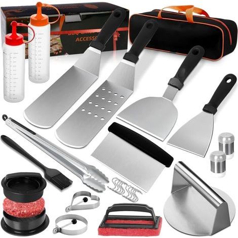 Kit Complet de 27 Accessoires pour Plancha Barbecue en Acier Inoxydable Solide, Inclut Presse à Steak, Différentes Spatules et Un Sac Pratique, Idée Cadeau pour Amateurs de Cuisine et de BBQ (1/5)