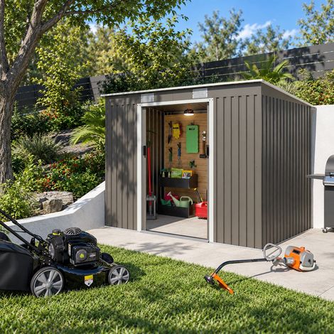 Abri de jardin métal taupe 4,29 m² + kit d'ancrage + lampe magnétique (1/5)