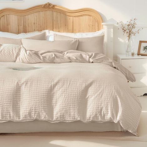 Linge de lit 220x240 cm Seersucker Beige Rayé Microfibre avec 2 taies d'oreiller 80x80 cm