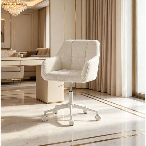Silla de oficina giratoria ergonómica, respaldo y reposabrazos integrados, altura ajustable, tela de pana beige (1/5)