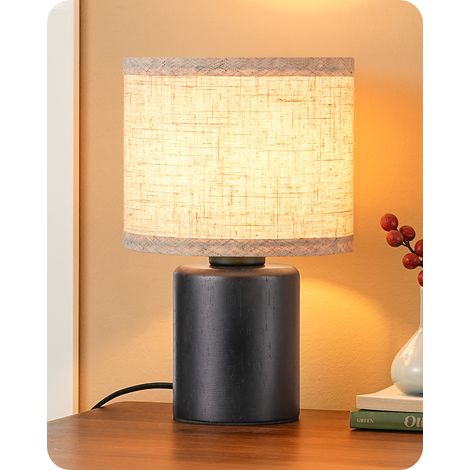 EDISHINE - Lampe à poser bois massif noir - abat-jour lin sable - E27, 4W ampoule LED incluse - hauteur 30 cm – usage chambre/salon (1/5)