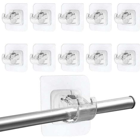 10 Pièces Support Tringle Rideaux sans Percage,Porte-Serviettes Clips Supports de Tringle Auto-Adhésifs Transparent, Crochets Autocollants pour Tringle à Rideaux pour Cuisine Salle de Bain(Sans tige) (1/5)