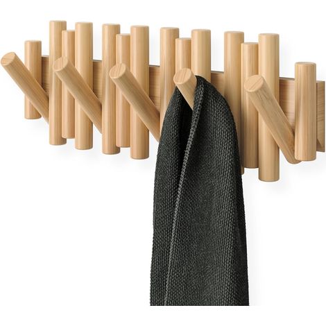 Perchero de pared con 5 ganchos, de madera natural, 30 x 15 cm  Ganchos plegables de pino: perfectos para colgar abrigos, bolsos y joyas (1/4)