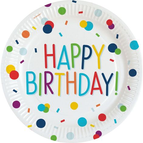 Papierteller Confetti Birthday Happy Birthday, 8 Stück, rund 23 cm