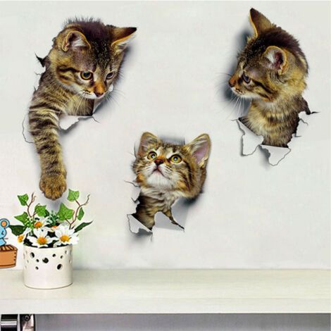 PA 6 Stück selbstklebende 3D-Katzen-Wandaufkleber, Kinder-Wandaufkleber/abnehmbare Vinyl-Kunstwandbilder für Wohnzimmer, Baby, Schlafzimmer, Schlafzimmer, Toilette, Heimwand, DIY-Dekoration (1/5)