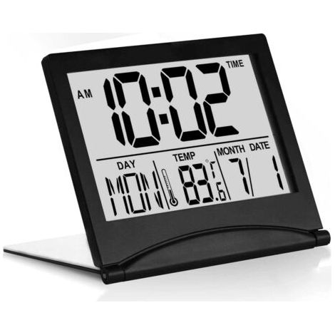 BUNTHAUS Réveil de voyage numérique pliable avec écran LCD, calendrier et affichage température, mode snooze, design compact pour bureau ou chambre (1/5)