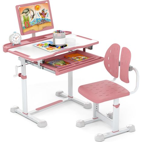 COSTWAY Kid¡¯s Study Desk & Chair Set Height-Adjustable Children Study Desk-Pink (1/5)