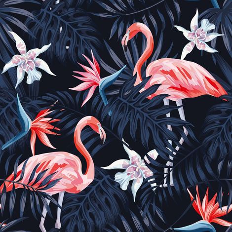 Papier peint panoramique flamant rose fond bleu Tapisserie panoramique tropicale rose & bleu foncé pour couloir Papier peint panoramique chambre enfant