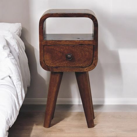 Table de chevet extra mini bois massif châtaignier marron foncé, niche ouverte, 1 tiroir, pieds nordiques incurvée (1/5)