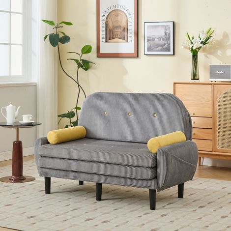 Canapé 2 places velours côtelé gris convertible en lit, avec espace rangement, fauteuil inclinable pour salon 133,5x77x85cm (1/5)