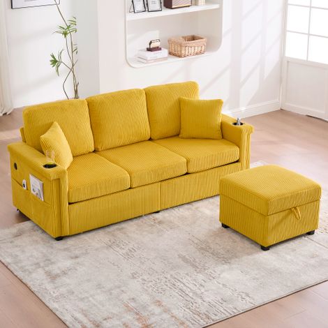 Canapé d’angle convertible 3 places avec LED, USB-C, repose-pieds de rangement, porte-gobelets et poches, velours jaune