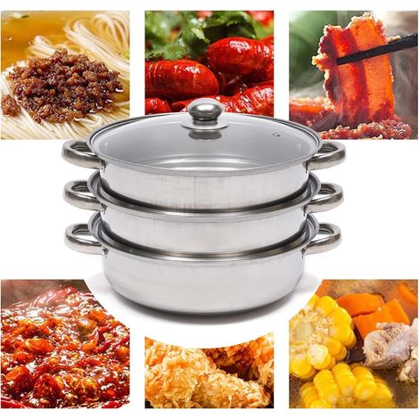 Cuit-vapeur 3 couches avec couvercle en verre Cuit-vapeur Pot de cuisson Cuit-vapeur de légumes Cuit-vapeur de soupe Appareils de cuisine Diamètre empilable Couvercle en verre inoxydable Marmite de cu