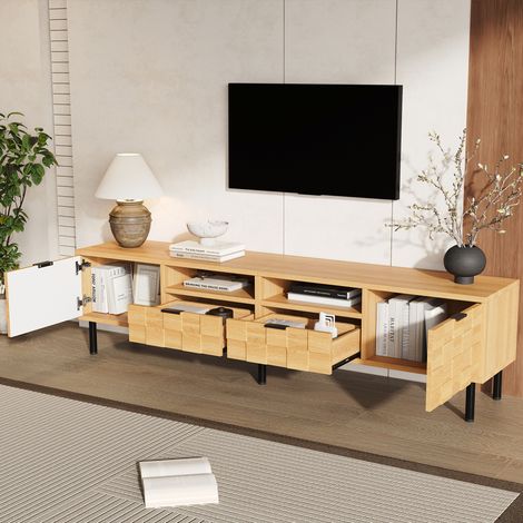 Meuble TV en bois massif naturel, console basse 3D à carreaux emboîtés, 2 tiroirs + 2 portes, supporte écrans jusqu'à 80'', idéal séjour/salle à manger, dimensions 200x35x44,5 cm. (1/5)
