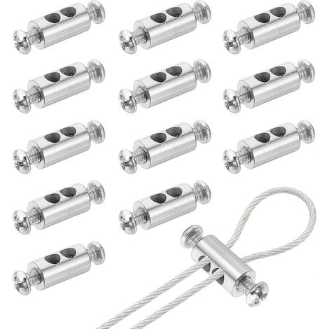 Lot de 12 serre-câbles cylindriques à double trou pour câbles de 2 à 3,5 mm, avec butée à vis croisée, pour lustres et plafonds. (1/4)