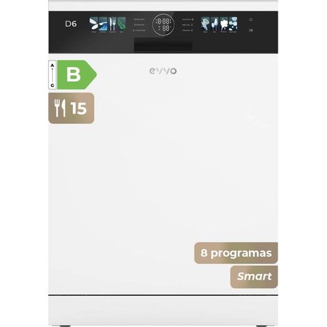 Lavavajillas EVVO D6 60cm, 15 Cubiertos, Clase B, Apertura Auto, Luz UV, Blanco