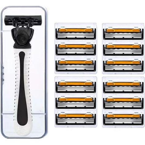 Rasoir homme 3 lames rechargeable - 12 têtes orange/noir + manche ergonomique gris pour peau normale/sensible/sèche + boîte rangement - Cadeau Noël/Fêtes/Pères/Anniversaire (Kit complet) (1/5)