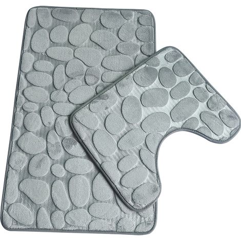 Ensemble de 2 tapis de bain antidérapants, en mousse à mémoire de forme respirante, confortable, doux et absorbant. Tapis de salle de bain/toilette, support antidérapant, gris. (1/4)