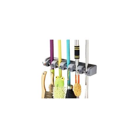 Multi-Function Wall-Mounted Broom Holder, Hanger Holder for Your Kitchen, Garage, Laundry Room for Kitchen, Bathroom, Garage and Garden (5 Slots and 6 Hooks) (1/4)