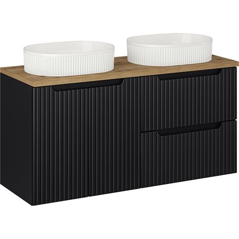 Doppelwaschtisch 120cm, in schwarz mit Eiche, gerillte Front, NEWPORT-56-BLACK (1/5)