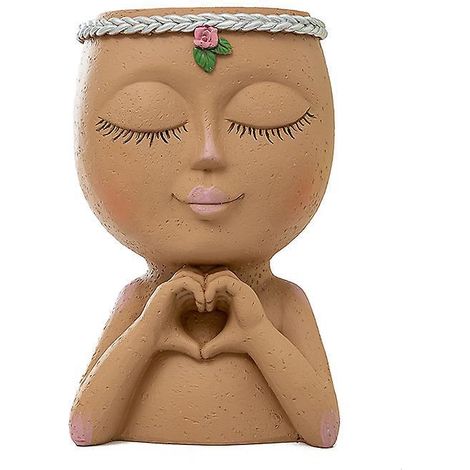 12x18.5x8.5 Cm Couleur Du Caf Pot De Fleur De Visage Pour Plantes D'interieur Et D'exterieur Planteur De Fille En Resine Avec Trou De Drainage