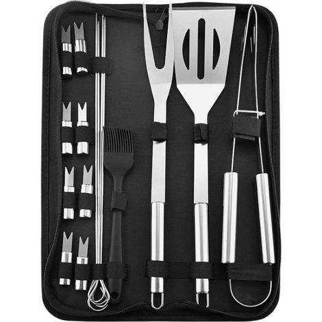 Filiyano-Ensemble de 16 ustensiles de barbecue, accessoires de barbecue, étui de rangement, argenté, 38 x 15,5 cm (1/3)