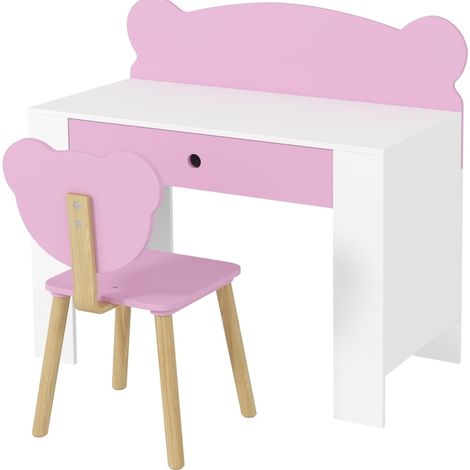 Set de escritorio y silla para niños rosa con cajón y respaldo en forma de oso (1/5)