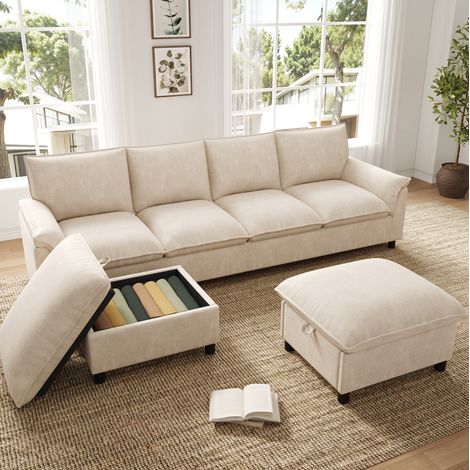 Sofá esquinero modular 4 plazas con almacenaje, tapizado en chenilla, color beige
