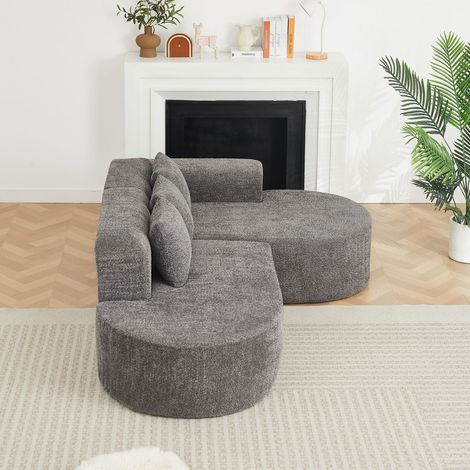 Canapé d'Angle forme en L méridienne à droite revêtement en chenille trois coussins de dossier coloris anthracite design arrondi (1/5)