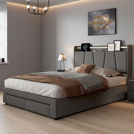 Cama 160x200 cm - 250402HXF - USB - LED - hidráulica - Lino - cama doble - marco de cama para adultos 160x200 cm - Gris oscuro (1/5)