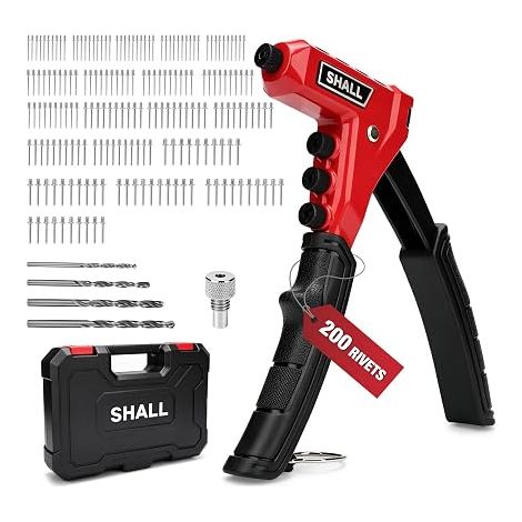 4 in 1 Rivet Set, Heavy Duty Manual Riveter with 200 Rivets, 4 Sizes (1/8", 1/8", 4mm, 1/4", 1/4") 4 HSS Drill Bits for Automotive, Leather, Plastic, Furniture, Metal (1/5)