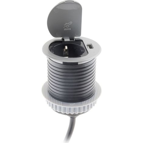 Otio – Prise encastrable Schuko avec USB Ø60mm – Puissance 3680W – Câble H05VV-F 1,9m – Adaptée pour espaces de travail modernes