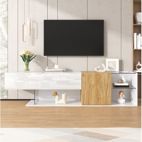 Mueble TV 180 cm blanco con decoración madera, almacenaje y estantes de vidrio - CHICFURN (1/4)