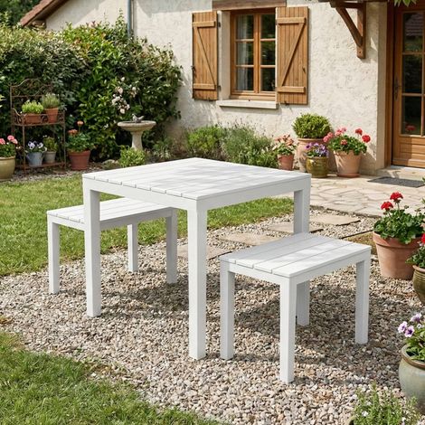 Ensemble de salon d'extérieur Moncalieri, Composition de jardin avec 1 table carrée et 2 bancs, Salon intérieur et extérieur de Pic Nic, Blanc (1/5)