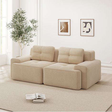 REDOM - Divano modulare, seduta profonda 74 cm, comfort effetto nuvola, tessuto corduroy, beige (1/5)